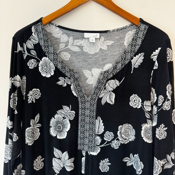 J. Jill Women's Black and White Floral 3/4 Sleeve Knee Length Dress Size Medium - Picture 2 of 6